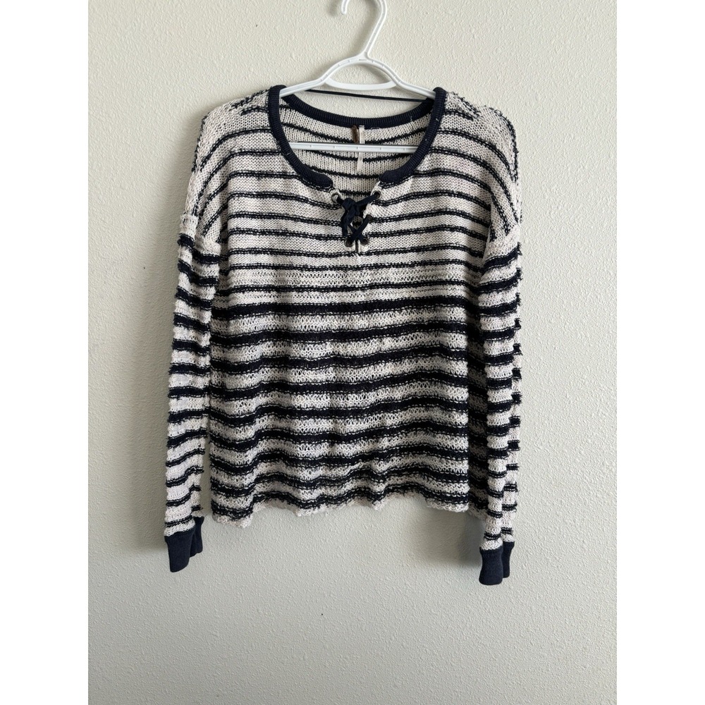 Free People Womens Small White/Blue Striped Peasant Sweater